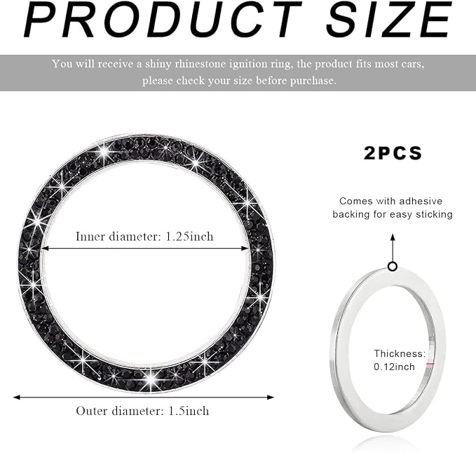 2 PCS Car Bling Crystal Rhinestone Engine Start Ring Decals, Sparkling Diamond Car Push Start Button Ignition Ring Sticker, Auto Key Ignition Knob Ring Decoration for Women Girls (Black)