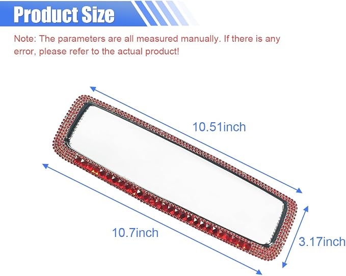 Bling Car Rear View Mirror, Clip-On Rhinestone Car Rearview Mirror with Crystal Diamonds, HD Glass Auto Interior Rear View Mirrors, Auto Decoration Accessories for Women Men Teens (Red)