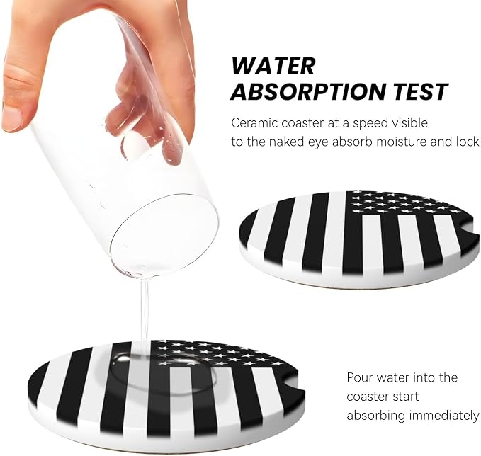 Black White American Flag Absorbent Ceramic Car Coasters 2 Pack Round Insert Cupholder Coaster Car Cup Holder Mat with Finger Notch Anti-Slip Cork Base Reusable Drink Coasters 2.56 in