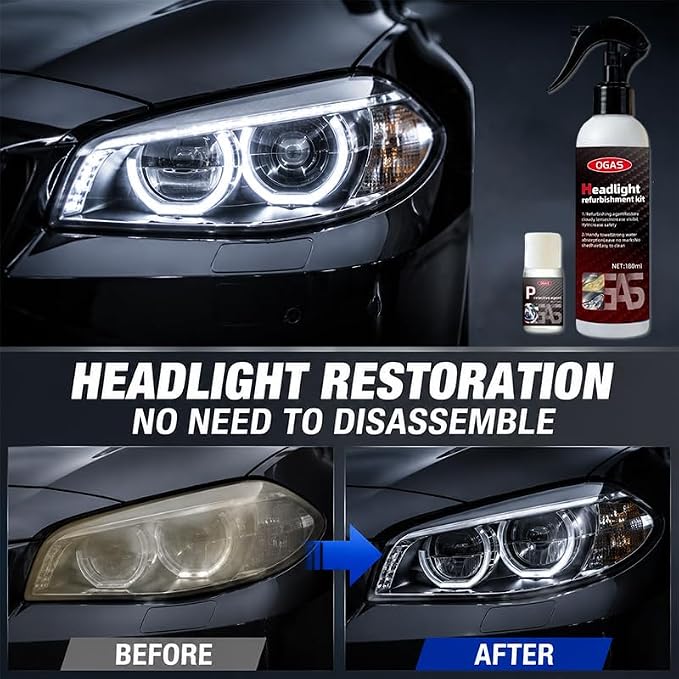 Headlight Restoration Polish Kit with Sponge and Towel, Car Headlamp Cleansing and Clarifying Cream for Cloudy Yellowed Lenses, Complete Auto Light Care Set, 6.08 fl.oz