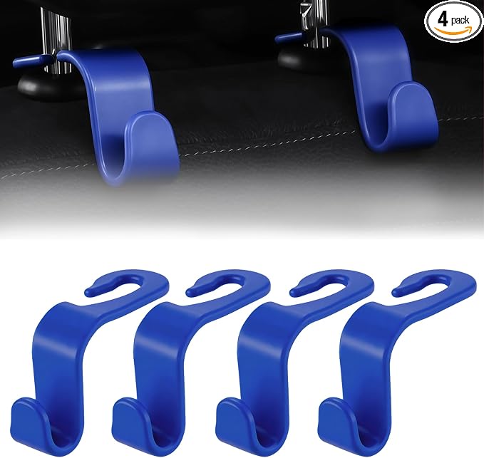 Purse Hook for Car, 4 PCS Car Purse Hook Headrest Hooks, 360° Rotatable Back Seat Storage Organizer, Universal Vehicle Seat Hanger for Purses, Handbags, Grocery Bags, Water Bottles, Blue