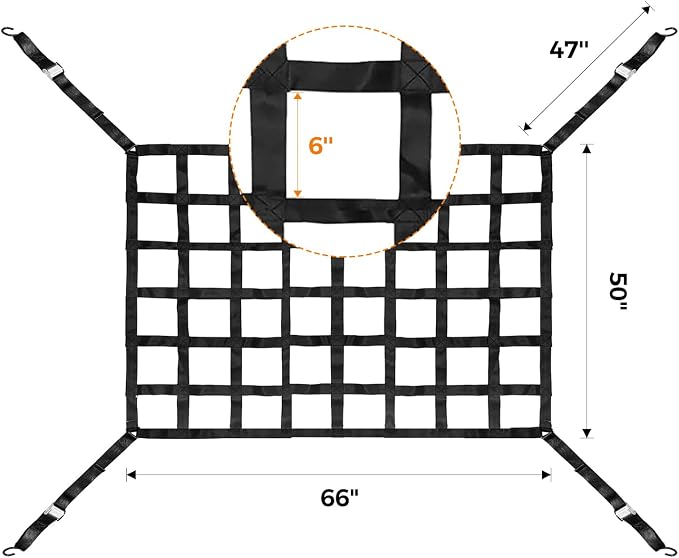Cargo Net 50" x 66" Truck Bed Heavy Duty with S-Hooks | Adjustable bungee netting, 2" wide mesh, Trailer SUV trailer compatible, small trunk organizer, automotive carrier system
