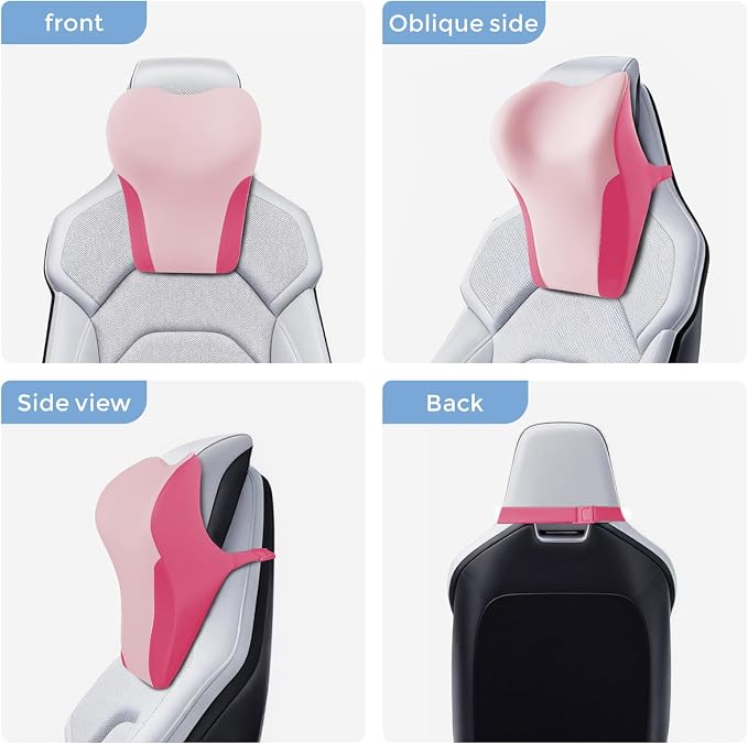 BABUR Car Headrest Pillow, Ergonomic Neck Support for Driving Seat 1 Pcs | Pink,100% Memory Foam,Universal Fit,Softness,Adjustable Strap,Breathable Removable Cover,Car Rest Pillow for Pain Relief