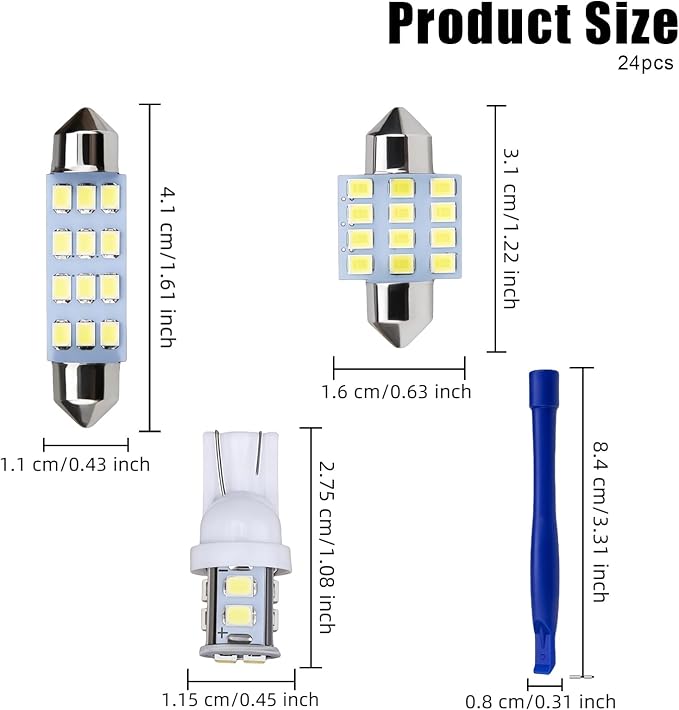 24 PCS Car Interior LED Lights Kit 194 T10 DE3175 578 31mm 41mm LED Bulbs Interior Replacement Bulbs for Car Map License Plate Door Side Marker Dome Light (White)