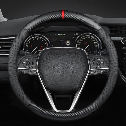 Carbon Fiber Leather car Steering Wheel Cover, Comfortable and Anti-Skid, Universal 15 inch (Black)