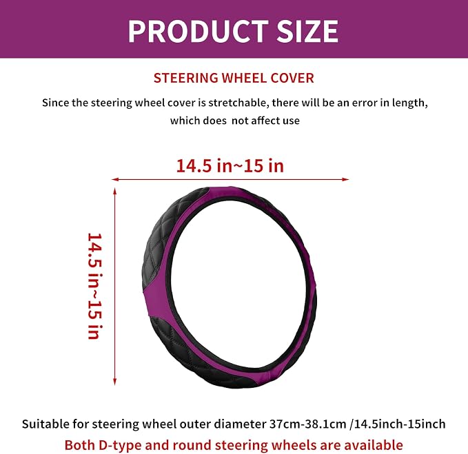 15 Inch Leather Steering Wheel Cover, Automotive Accessories Breathable Anti-Slip Elastic Soft Wheel Protector, Fit for Most SUVs Trucks and RVs (Purple)
