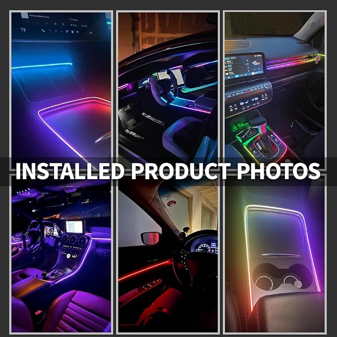 Ambient Lighting Car Led Lights Interior Kit with Wireless APP,43.3 inches Dream Color Acrylic Led Strips Lights for Car, 12V Fiber Optic Music Sync Neon Center Console Dashboard Interior Lights