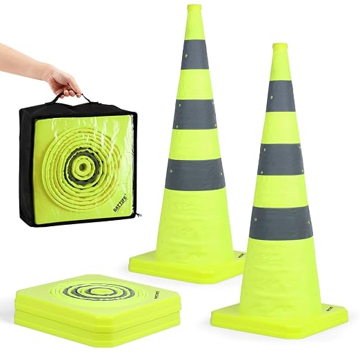 BATTIFE [2 Pack] 36 Inch Collapsible Traffic Cones, Lime Green Safety Cones, Pop-up Cones with Reflective Collar, for Driving Practice,Road Parking (Green)