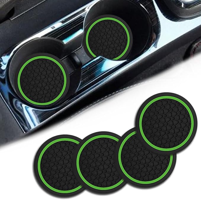 4PCS Car Cup Holder Coasters, Dustproof Automotive Interior Accessories Mat,2.75 Inch Non-Slip Insert Water Bottle Holder Pads, Universal for Vehicles, Trucks, RVs and More (Green)