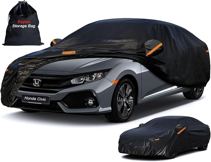 Kayme 7 Layers Car Cover Custom Fit for Honda Civic Sedan/Coupe (1991-2025) Waterproof All Weather for Automobiles, Outdoor Full Cover Rain Sun UV Protection with Zipper Cotton/Black