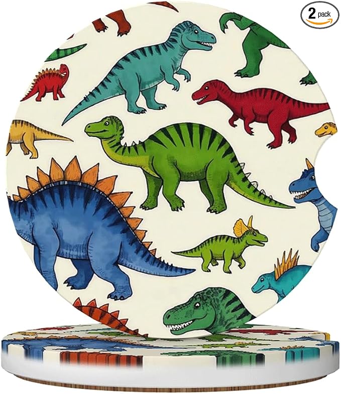 Ceramic Car Cup Coasters 2PCS - Colorful Dinosaur | with Cork Back & Finger Slot, Anti-Slip Shock Absorbing, Universal Car Interior Accessories for Men Women