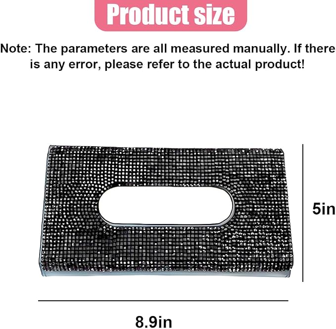 Bling Car Sun Visor Tissue Box Holder, PU Leather Auto Paper Towel Cover, Glitter Crystal Rhinestone Napkin Holder, Car Decoration Accessories for Women (Black)