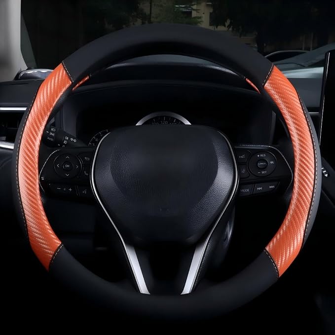 Carbon Fiber Steering Wheel Cover - Premium Perforated Leather Sport Wrap with Odorless Rubber Non-Slip Inner, Universal Fit for Cars SUVS - 15 Inch (Orange)