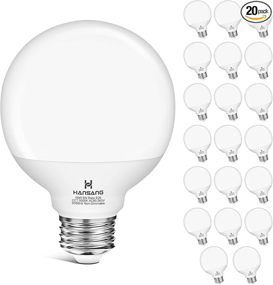 20 Pack Bathroom Light Bulbs, 5000K Daylight E26 LED Globe Bulbs, 60W Equivalent , G25 LED Vanity Light Bulb Perfect for Bathroom Makeup Mirror, Eye-Friendly CRI85+, 120V, 500Lumens, Non-dimmable