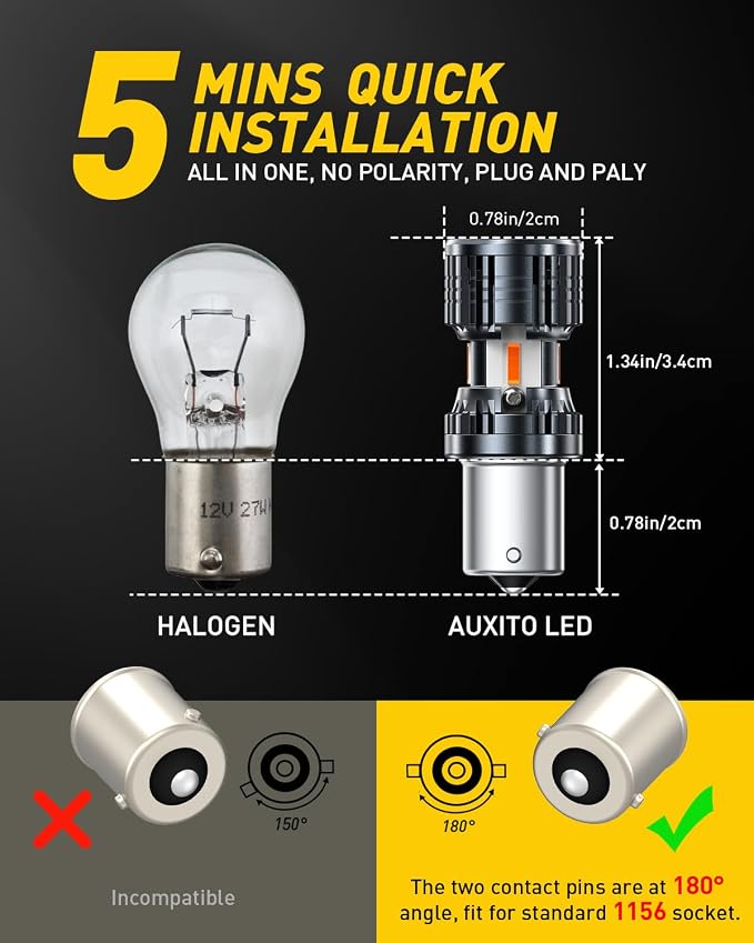 AUXITO CANBUS 1156 LED Bulbs Amber Yellow with Built-in Resistor 7506 1003 1141 BA15S P21W Anti Hyper Flash Error Free Turn Signal Lights Blinker Parking Lights, Pack of 2
