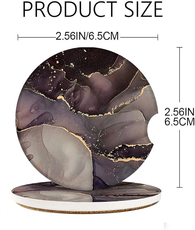 Britimes Absorbent Car Coasters 2 Pack for Cup Holders, 2.56" Ceramic Stone & Non-Scratch Cork Base Drink Coasters Purple Marble