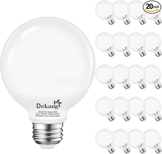 20-Pack G25 LED Globe Light Bulbs for Bathroom 5000K Daylight White, E26 Base Vanity Light Bulbs 60W Incandescent Equivalent, 5W Round Light Bulb, 500LM, CRI 85+, Non-dimmable
