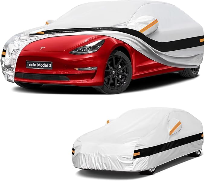 10 Layers Car Cover with Charger Port Custom Fit for Tesla Model 3 (2017-2026), Waterproof All Weather for Automobiles, Outdoor Full Cover Sun Dust Rain Protection with Cotton. Silver
