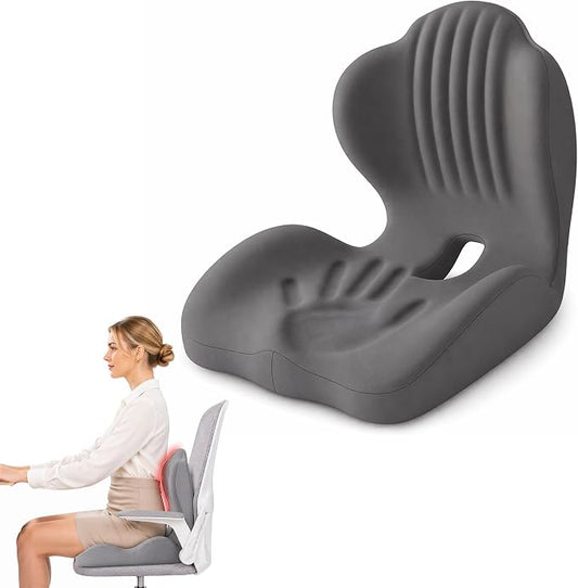 Pain Relief Ergonomic Seat Cushion with Lumbar Support, Memory Foam, L-Shaped, for Office Chair, Car Seat, Gaming Chair (Grey)