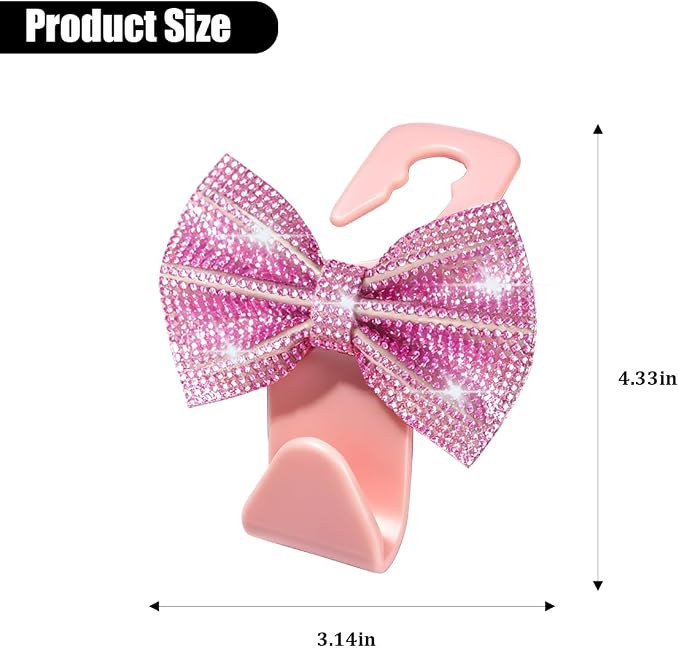 2PCS Bling Bow Headrest Hooks, Car Seat Bag Hangers, Pink | Pvc and rhinestone construction, butterfly bow decoration, rear seat storage, bag and coat hanging, car interior accessories