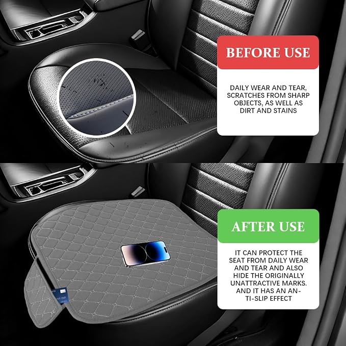 Leather Front Car Seat Cover, Anti-Slip Car Seat Bottom Covers, Full Wrapped Bottom Seat Protectors with Storage Pocket, Universal Comfortable Seat Cushion Fit Vehicles SUVs Trucks (K2-Gray)