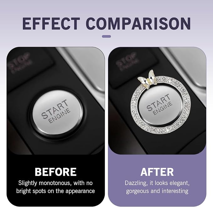 Bling Car Engine Start Stop Decoration Ring, Crystal Rhinestone Butterfly for Car Button Ring, Auto Interior Accessories for Women, Push to Start Button Cover Decoration (White)