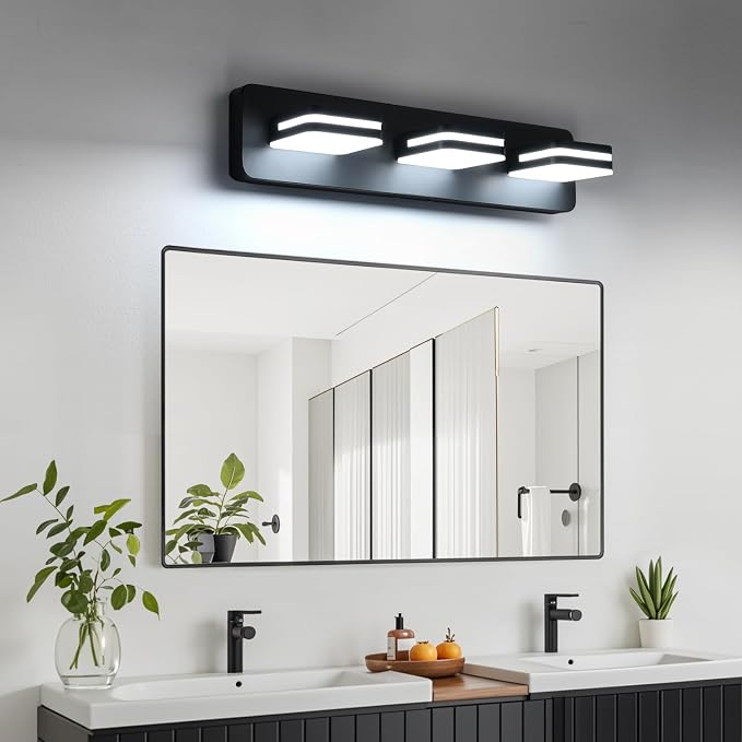 Torondo 360° Rotate LED Bathroom Vanity Light Fixtures, Acrylic Vanity Lights for Bathroom, Modern Wall Lighting Fixtures Over Mirror Living, Matte Black, 100%-0% Natural White, 3-Light, 17-Inch