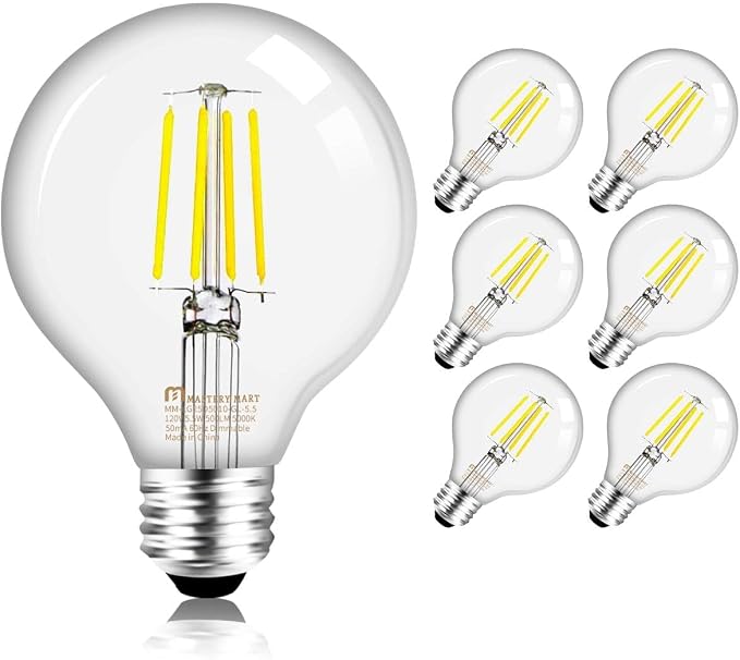 Mastery MART G25 Globe Light Bulbs, Dimmable, E26 Base, 60W Equivalent, 5000K Daylight White, Vintage Filament for Bathroom Mirror, 5.5W LED, UL Listed, Energy Star, 6-Pack
