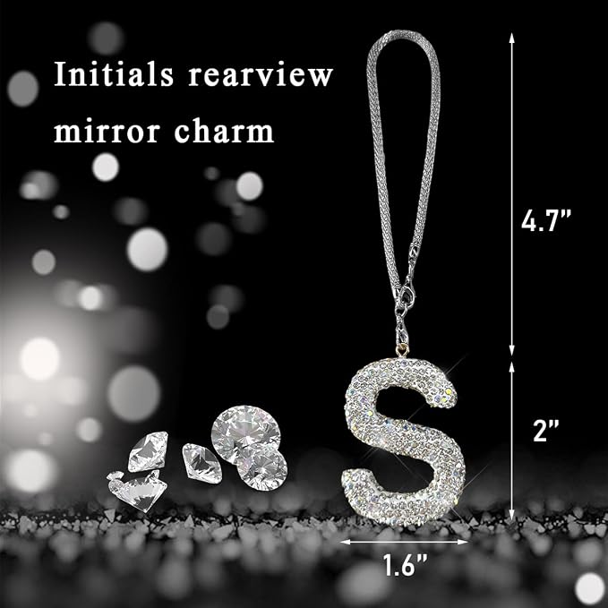 DXNQ Bling Initial Car Rear View Mirror Ornament, Crystal Sparkling Cute Letter Charm Pendant Auto Decor, Hanging Lucky Diamond Initial Charm Car Mirror Bag Ornament for Girl Women (Letter S)