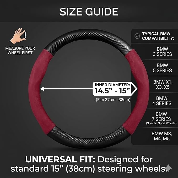 Steering Wheel Cover, Faux Leather, Universal 14.5-15 Inch, Non-Slip, Breathable Slim Fit, for Cars, SUVs, Trucks (Red Black)