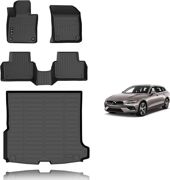 KELCSEECS® Floor Mats & Cargo Liner Custom for Volvo V60 2019-2021,All Weather Protection Anti-Slip TPE Floor Liners Full Set V60 Accessories Black
