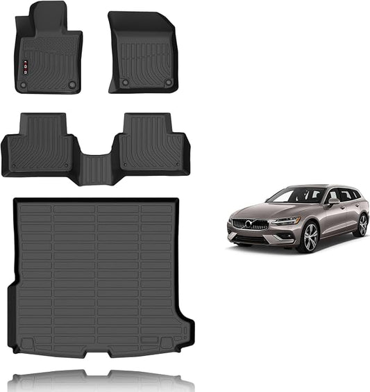KELCSEECS® Floor Mats & Cargo Liner Custom for Volvo V60 2019-2021,All Weather Protection Anti-Slip TPE Floor Liners Full Set V60 Accessories Black