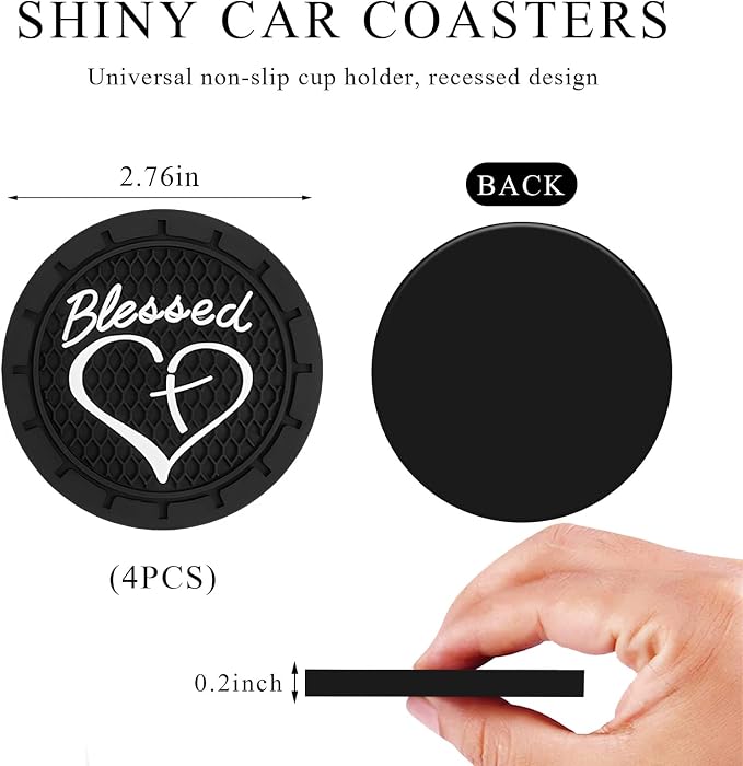KVAEY 2 PCS Car Cup Holder Coasters, 2.76 Inch Anti Slip Vehicle Drink Mats with Cute Blessed Cross and Heart, Shockproof, Universal Car Accessories (Black, 4 PCS)