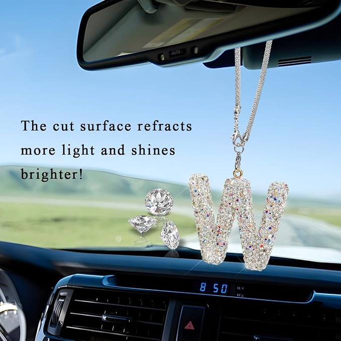 DXNQ Bling Initial Car Rear View Mirror Ornament, Crystal Sparkling Cute Letter Charm Pendant Auto Decor, Hanging Lucky Diamond Initial Charm Car Mirror Bag Ornament for Girl Women (Letter W)