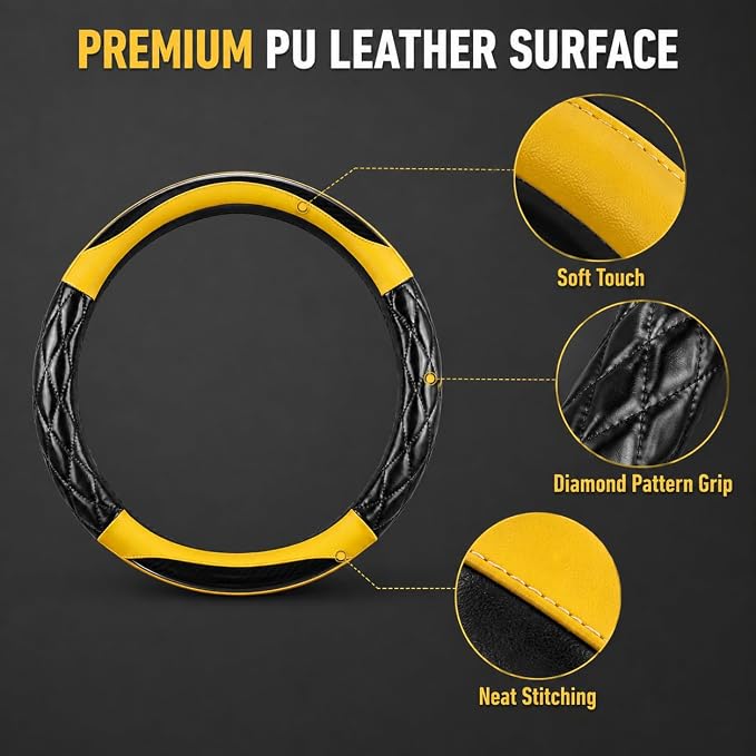 14.5-15 Inch Leather Steering Wheel Cover with Soft Padded Lining, Anti-Slip Comfort Grip, Universal Steering Wheel Protector for Most Cars, SUVs, Trucks (Yellow)