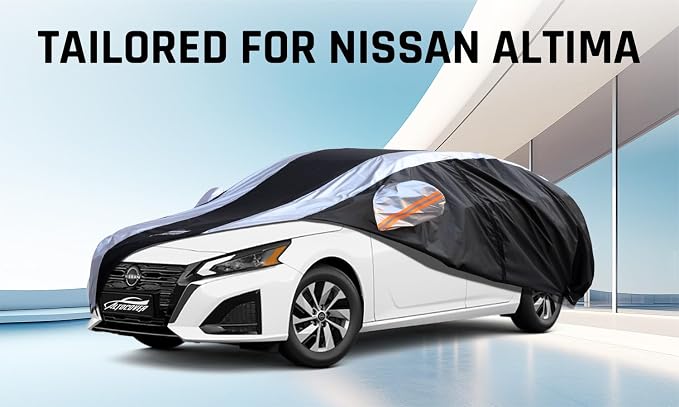 Altima Car Cover Waterproof All Weather with Silver Strip Design, Custom Fit for Altima 2005–2025, Accessory with Door Zipper & Windproof Straps