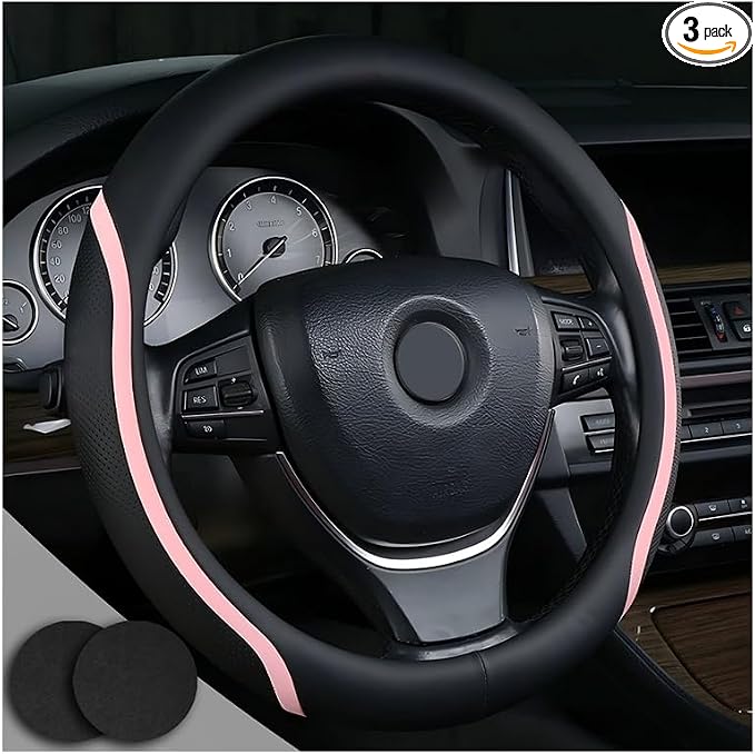 Steering Wheel Cover Black and Pink Leather Universal 14.5-15 inch | Car Steering Wheel Covers with Coasters Microfiber Breathable Anti-Slip Durable Steering Wheel Accessories Set for Woman
