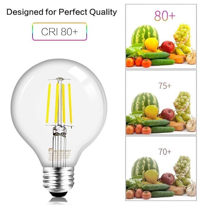 Mastery MART G25 Globe Light Bulbs, Dimmable, E26 Base, 60W Equivalent, 5000K Daylight White, Vintage Filament for Bathroom Mirror, 5.5W LED, UL Listed, Energy Star, 6-Pack