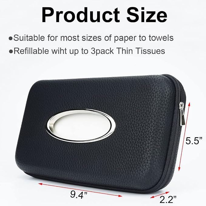 Sun Visor Tissue Holder, Zipper Napkin Holder, PU Leather Backseat Tissue Case for Car, Vehicle (Black)