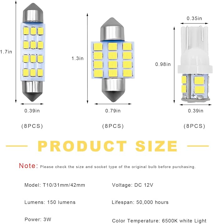 24PCS LED Interior Car Lights Kit, T10 31 mm 42 mm Super Bright Vehicle LED Lighting Bulbs Kit, Universal 6500K Dome Map Tail Light Replacement for SUV RV Truck, Car Accessories