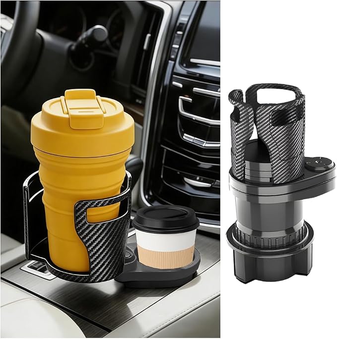 Car Cup Holder Expander, 2 in 1 Multifunctional 360° Rotating Water Bottles Holder Extender Adapter with Adjustable Base, Automotive Insert Drink Cup Adapter, Universal for Vehicles (Black)