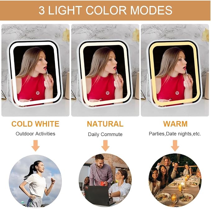 YEKKOPT Lighted Makeup Mirror, Rechargeable Vanity Mirror with Lights 10''x8'' Makeup Mirror with Lights,Light up Mirror Touch Screen with 3-Color Lighting,for Women Gift,Travel Essentials