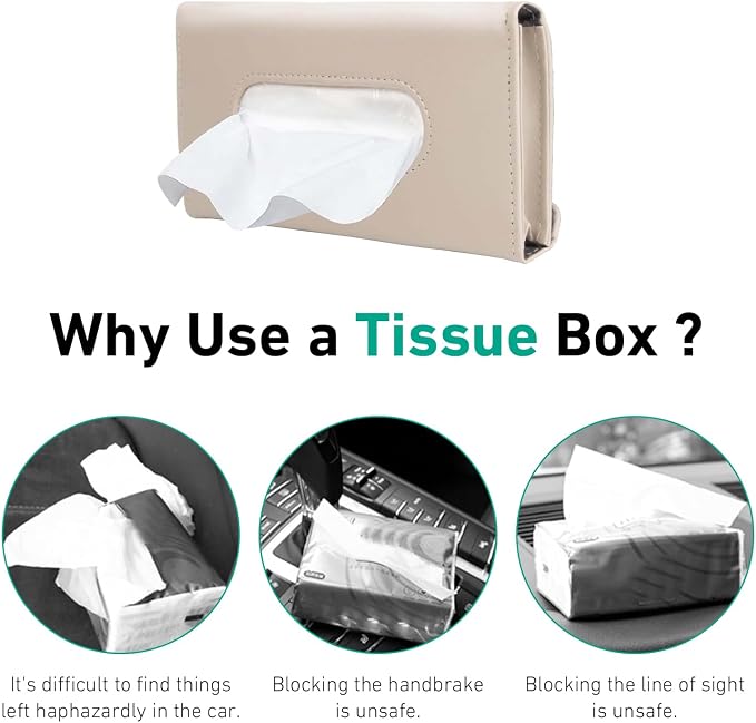 Car Tissue Holder, Premium PU Leather Sun Visor Napkin Holder, Universal Sun Visor Mount Tissue Box for SUV Truck Vehicle Interior, Easy to Use (Beige)