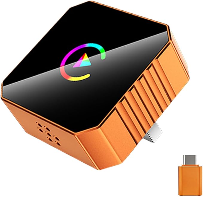Wireless CarPlay Adapter & Android Auto Adapter, 2-in-1 Mini, Orange | Factory-wired CarPlay or Android Auto required, plug and play, auto reconnect, compact USB-A design, USB-C adapter included