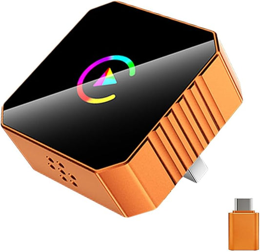 Wireless CarPlay Adapter & Android Auto Adapter, 2-in-1 Mini, Orange | Factory-wired CarPlay or Android Auto required, plug and play, auto reconnect, compact USB-A design, USB-C adapter included
