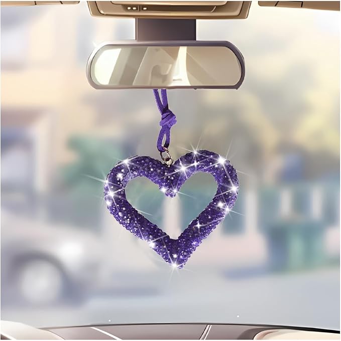 Mandark Bling Heart Car Hanging Accessories, Crystal Rhinestone Vehicle Rear View Mirror Charm Pendant Ornaments, Cute Diamond Auto Interior Hanger Decoration for Women Girls（Purple）