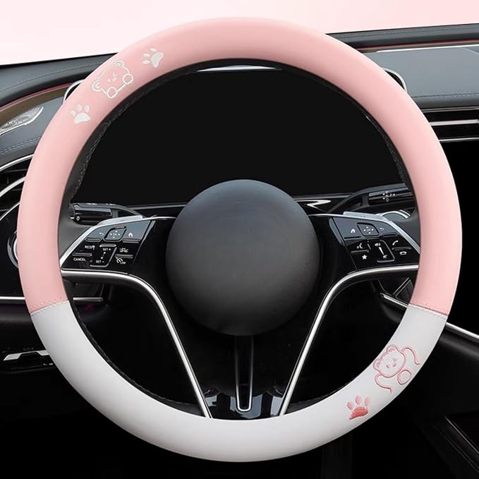15 Inches Universal Round Leather Car Steering Wheel Cover, Cute Bear Soft Breathable Non-Slip Steering Wheel Protector Wrap (Pink-White)