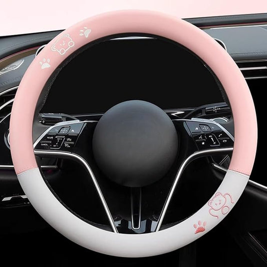15 Inches Universal Round Leather Car Steering Wheel Cover, Cute Bear Soft Breathable Non-Slip Steering Wheel Protector Wrap (Pink-White)
