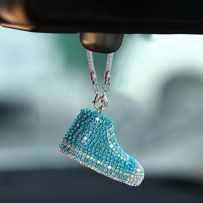 Bling Sneaker Shoe Sparkly Car Hanging Ornament, Cute Crystal Rear View Mirror Pendant, Diamond Rearview Mirror Charms, Lucky Car Interior Decor Accessories (Lake Blue)