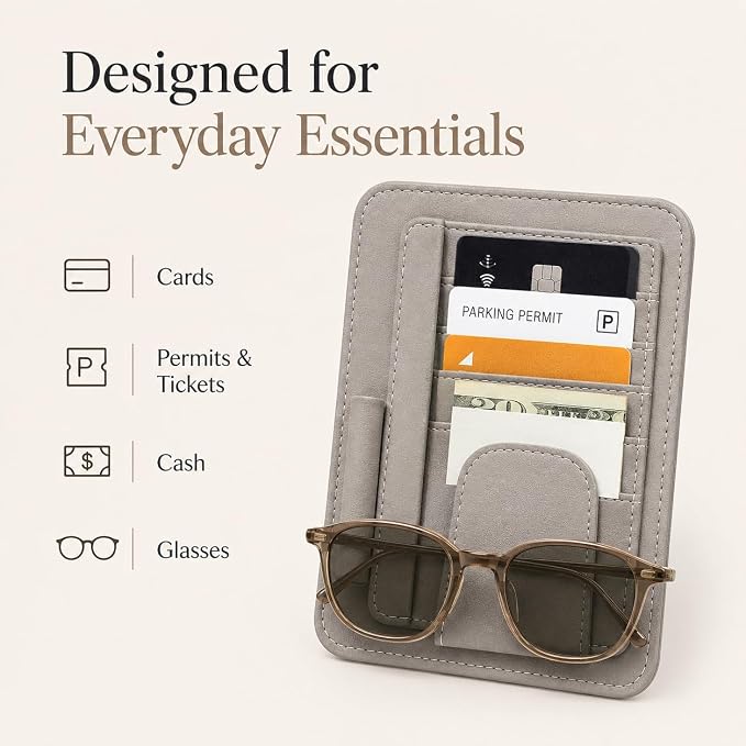Car Sun Visor Organizer, Grey Premium Vegan Faux Leather Visor Storage Pouch for Cards, Cash, Receipts, Parking Permits and Glasses, Universal Fit for Cars, SUVs, Trucks, RVs and Golf Carts